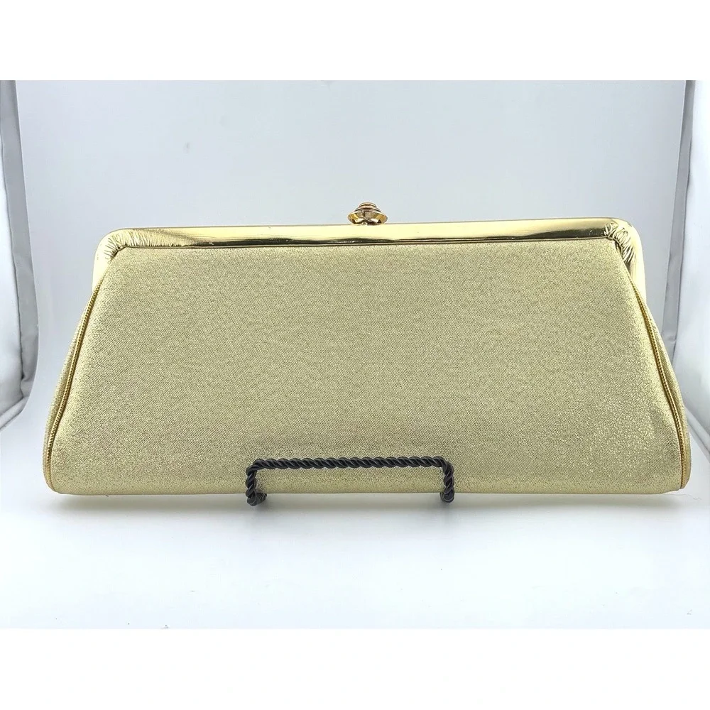 Vintage Gold Shimmer Evening Clutch Bag Kiss Lock Formal Metallic Wedding Bag‎